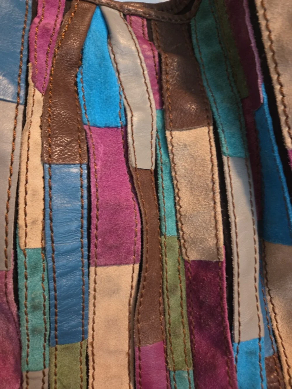 Lucky Brand Leather Hobo Tote Brown Blue Pink Patchwork - Used